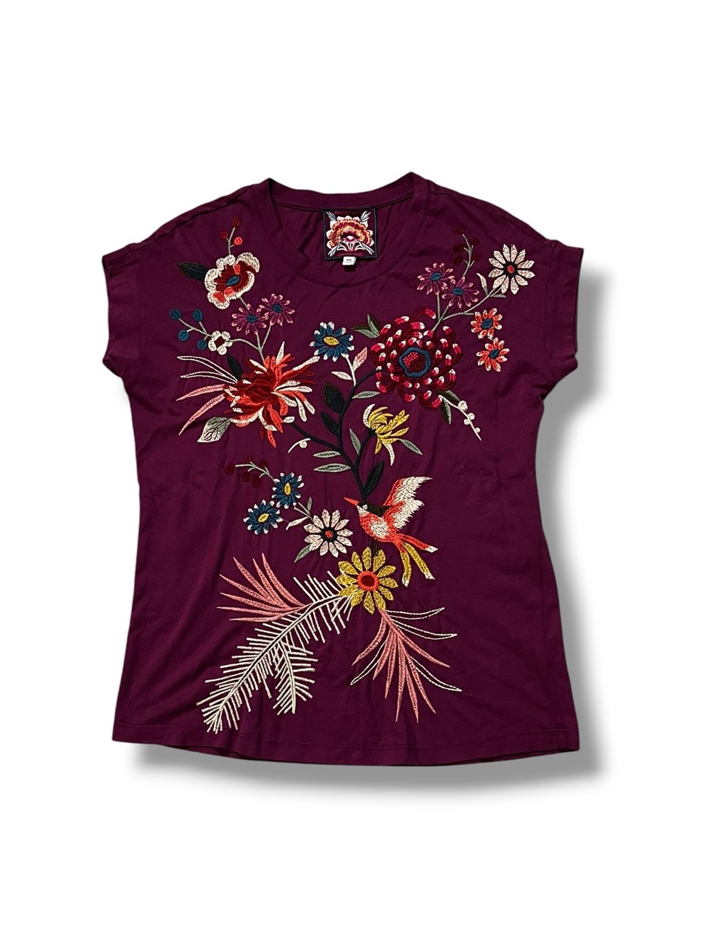 Johnny Was Tee Shirt Floral Embroidery Size XXS Cotton Knit Relaxed Fit Boho